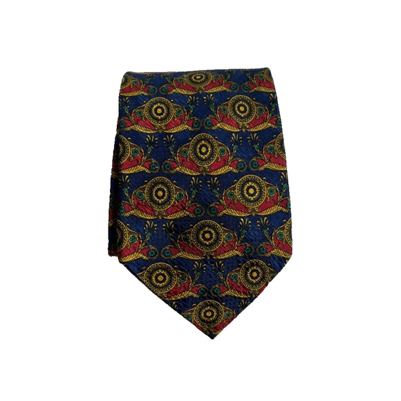Ermenegildo Zegna Necktie Men's 100% Luxury Silk Multicolor Medallion Print Blue